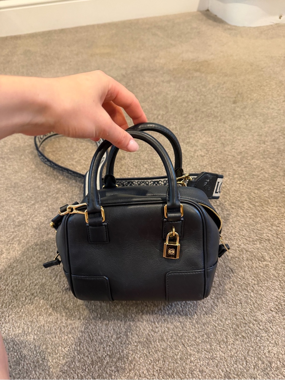 Loewe Black Leather Mini Crossbody Satchel with Gold Lock